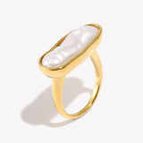 18K Gold Plated Stainless Steel Baroque Long Strip Faux Pearl Ring