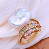 Big Baroque Natural Freshwater Pearl AAA Zircon Crystals Gold Colour Rings