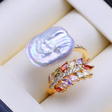 Big Baroque Real Pearl 18K Gold Plated AAA Zircon Diamonds Leaf Cluster Ring