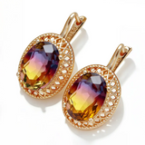 14K Rolled Gold Big Oval Multicolour AAA Zircon Crystal Ethnic High Quality Drop Earrings