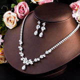 New Gorgeous AAA+ White Cubic Zircon Diamonds Flower Leaf Bridal Pearl Necklace Earrings Jewellery Set - The Jewellery Supermarket