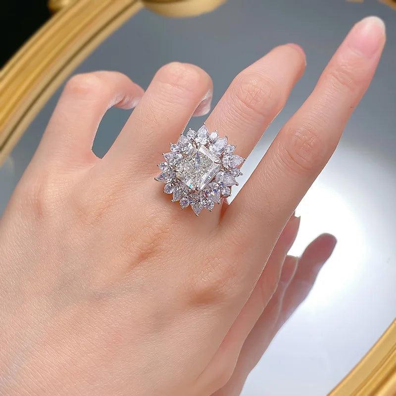 Fascinating Silver New AAAAA High Carbon Diamond 9 * 11mm Rectangular Ice Flower Cut Party Luxury Ring - The Jewellery Supermarket