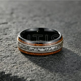 Whiskey Barrel Wood, Meteorite & Guitar String Inlay 8mm Tungsten Carbide Rings