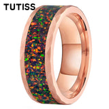 Hammered Tungsten Black Fire Opal Inlay 8mm Tungsten Engagement Ring for Men Women