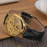Famous Brand Transparent Luxury Gold Case Casual Design Brown Leather Strap Mechanical Skeleton Watches
