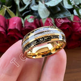 Bright Meteorite Gold Foil Inlay 8MM 18k Gold Colour Tungsten Carbide Wedding Rings