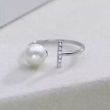 Elegant Real Pearl 925 Sterling Silver AAA Zircon Diamonds Open Geometric Ring