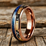 Polishing Dome Blue Glass Stone Meteorite Gold Foil Inlay 6mm 8mm Tungsten Rings