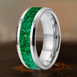 Green Opal Inlay Beveled Polished 6/8mm  Silver/Gold/Blue/Black Tungsten Rings