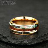 Whiskey Barrel Abalone Shell Inlaid With Rose Gold Polished Edge Tungsten Wedding