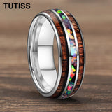 Inlaid Hawaiian Koa Wood Crushed Fire Opal 6/8mm Black Tungsten Carbide Rings