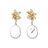 Flower Design Real Baroque White Pink Pearl AAA Zircon Diamonds Silver Earrings