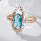 Luxury Oval 14K Rolled Rose Gold Light Blue AAA Zircon Crystal Double Hollow Ring - Vintage Style Party Jewellery