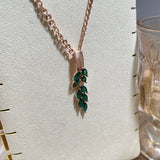14K Rolled Gold Vintage Green AAA Zircon Crystals Leaf Luxury Dangle Pendant Necklace