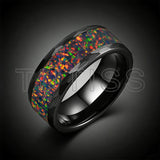 Hammered Tungsten Black Fire Opal Inlay 8mm Tungsten Engagement Ring for Men Women