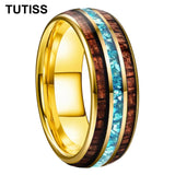 Inlaid Hawaiian Koa Wood Sky Blue Crystal Stone 6/8mm Tungsten Carbide Rings