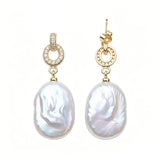 Moon Shape Baroque White Pink Pearls AAA Zircon Diamonds Silver Earrings