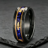 New 8mm Black Hammered Inlay Blue Glass Stone Gold Foil Tungsten Carbide Rings