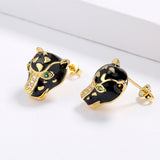 Exquisite Handmade Enamel Black Leopard Green Spinel White AAA Zircon Earrings