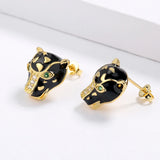 Exquisite Handmade Enamel Black Leopard Green Spinel White AAA Zircon Earrings