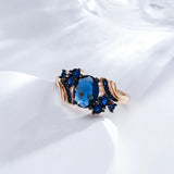 Hot Luxury Blue AAA Zircon Crystals Rolled 14K Rose Gold and Black Ring For Women Vintage Daily Fine Jewellery