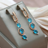 14 Karat Rolled Gold Fashion Blue AAA Zircon Crystals Vintage Long Dangle Earrings