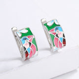 Creative Fashion Silver Plated Green Spinel Blue Bird Handmade Enamel Earrings