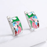 Creative Fashion Silver Plated Green Spinel Blue Bird Handmade Enamel Earrings