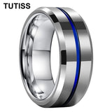 Blue Center Line Beveled Edges 8mm Tungsten Wedding Rings for Men Women