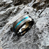 Beveled Edges Grooved Brushed Surface 8mm Black Blue Tungsten Carbide Rings