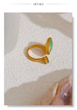 14K Gold Plated Stainless Steel Green Natural Stone AAA Zirconia Water Drop Geometric Ring