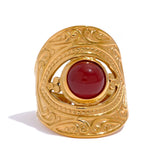 18K Gold Plated Vintage Red Blue Natural Stone Stainless Steel Open Fashion Ring