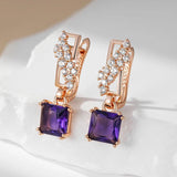 Luxury Large Square AAA Purple Zircon Crystals 14K Rolled Rose Gold Dangle Earrings - Vintage Style Jewellery