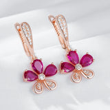 14K Rolled Gold Red AAA Zircon Crystals Flower Design Fashion Drop Earrings for Women