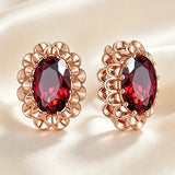 14K Rolled Gold Big Oval Red AAA Zircon Crsytals Flower Vintage Stud Earrings For Women