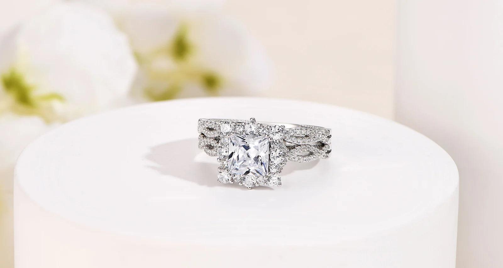 Elegant Halo Princess Cut AAAAA Quality High Carbon Lab Created Diamonds Ring Sets - Wedding Engagement Jewellery - The Jewellery Supermarket
