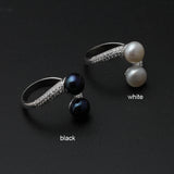 Luxury Real Pink Black White Purple Double Pearl AAA Zircon Diamonds Silver Rings