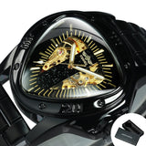 Sports Military Skeleton Automatic Mechanical Watches - Black Gold Triangle Dial Steel Leather Strap Luxury Watches