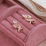 Delightful Rose Flower 14K Rolled Rose Gold AAA Zircon Diamonds Drop Luxury Earrings - Bridal Fine Jewellery