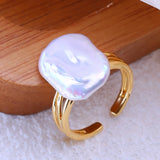 Freshwater Square-Shaped Flat Big Baroque Pearl Silver and Gold Colour Rings