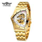 New Designer Luxury Triangle Skeleton Automatic Movement Business Gold Stainless Steel Mechanical Fashion Watches