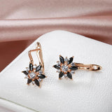 Quality 14K Rolled Rose Gold Black White AAA Zircon Crystals Flower Dangle Earrings - Unique Geometric Jewellery