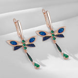 Dragonfly Design 14K Rolled Gold Blue AAA Zircon Crystals Dangle Vintage Earrings