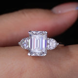 3 Stone 2 - 4CT Emerald Cut VVS1 D Colour Moissanite Diamond Silver Engagement Ring