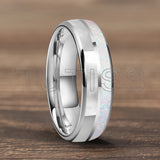 Dome Double Groove Inlaid With White Opal Stone Mother Of Pearl Shell Tungsten Rings