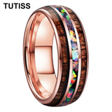 Inlaid Hawaiian Koa Wood Crushed Fire Opal 6/8mm Black Tungsten Carbide Rings