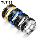Black Carbon Fiber Inlay Beveled Edge Polished Multicolor Tungsten Carbide Rings
