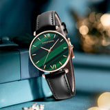 New Elegant Ladies Watch with Quartz Movement Green Peacock Stone Dial  Casual Leather Rose Plated Gold Watches