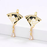 Exquisite Scalloped Flower Handmade White Black Enamel Zircon Diamonds Tassel Earrings