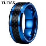 Black Carbon Fiber Inlay Beveled Edge Polished Multicolor Tungsten Carbide Rings
